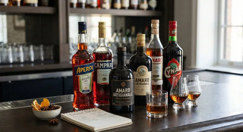 Copas de Spritz y selección de botellas de licores amargos italianos sobre una barra técnica de mixología